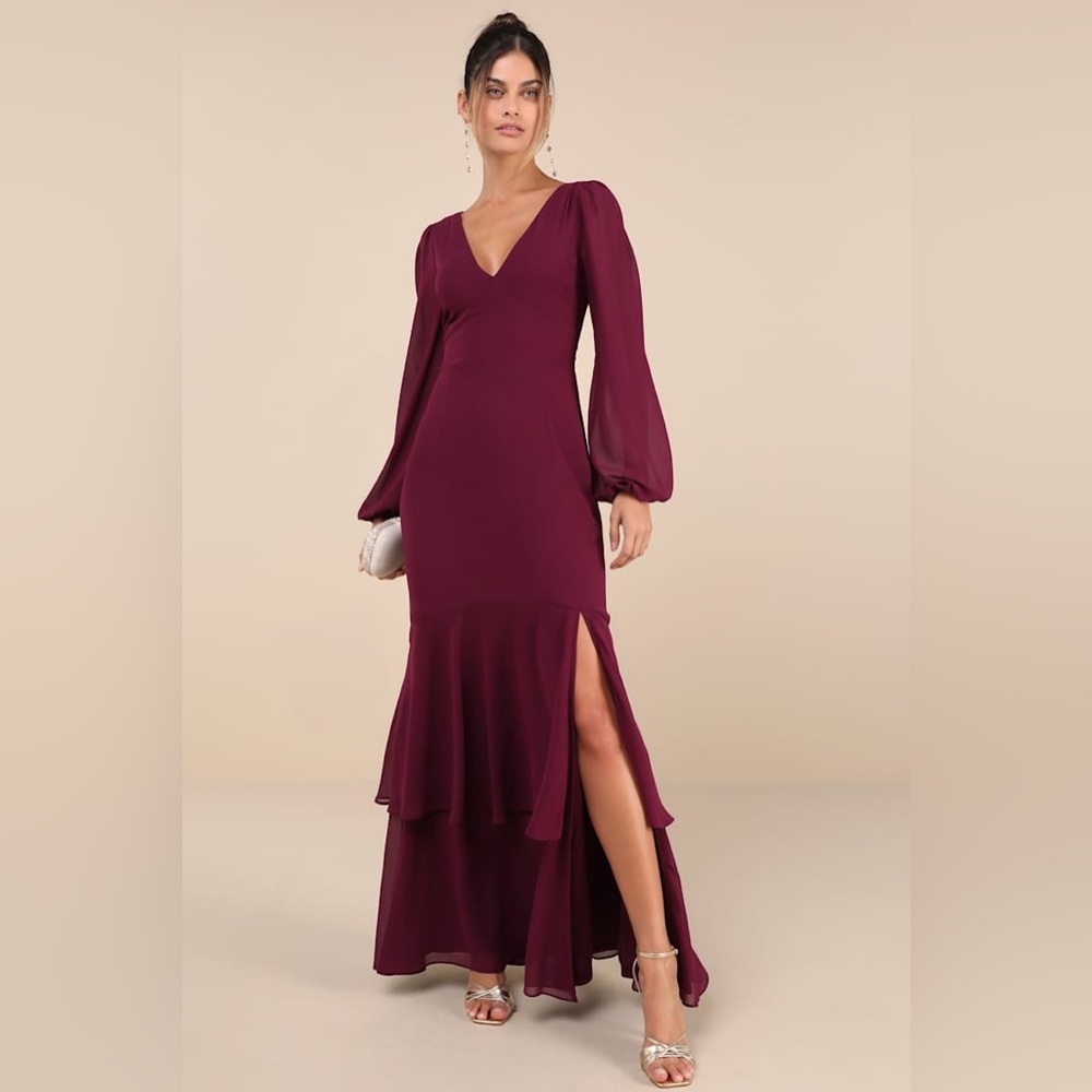 Lulu's NWT Tier Elegance Plum Purple Long Sleeve Tiered Maxi Dress Size XL